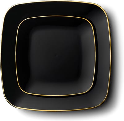 Decorline - 32 Luxe herbruikbaar kunststof Party set - Zwart met Goud Rand-Square Collectie. Duurzaam serviesset voor Kerstmis,Bruiloften, Verjaardagen, Feesten en Evenementen.
