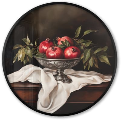 Poster in lijst Rond - Fotolijst 60x60 cm - Posters - Granaatappels - Klassiek - Vintage - Ronde posterlijst zwart - Decoratie - Wanddecoratie woonkamer - Muurdecoratie slaapkamer