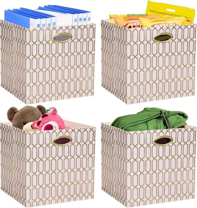 Famanu – Opbergbakken - opbergkubussen - 13 × 13 stoffen laden organizer mand dozen containers (13 × 13 × 13/4 stuks - crème/goud geometriepatroon)