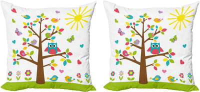 ABAKUHAUS Decoratieve kussenhoezen voor de kleuterschool, 2 stuks, kleurrijke boomuil, 60x60 cm, wit, gro geel