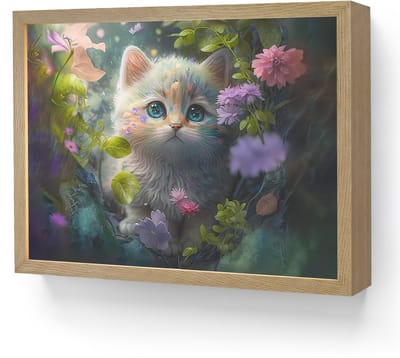 Nachtlampje 40x30 cm - Kinder lamp - Kitten - Bloemen - Bos - Illustratie - Poes - Tafellamp kinderkamer draadloos - Slaapkamer lampje - Bedlamp kinderen - Kinderlampje - Wandlamp babykamer - Nachtlampjes