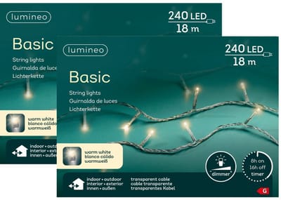 Lumineo Kerstverlichting - 2x - 240 leds -warm wit -1800 cm - transparent cable - timer en dimmer