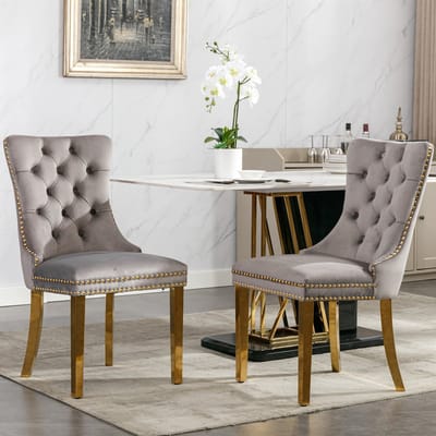 Eetkamerstoel - Set van 2 - Velvet - Eetkamerstoelen - Eettafelstoel - Keukenstoel - Modern Design - Grijs, goudkleurig