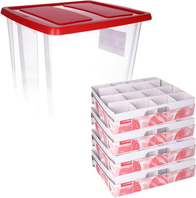 Opbergbox - 3x - voor 64 kerstballen - 45 liter - rood deksel - kerstversiering opruimen - opbergen
