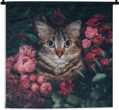 Wandkleed - Wanddoek - Kat - Bloemen - Bladeren - Botanisch - 180x180 cm - Wandtapijt