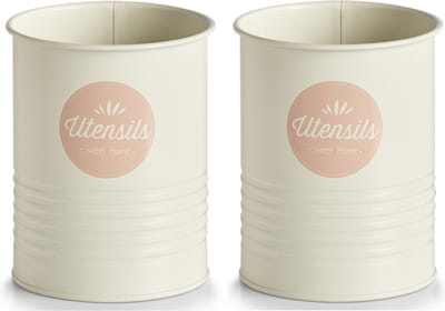 Zeller Kookgereihouder - 2x - Metaal - Wit/Roze - Utensils Sweet Home - Blik / Voorraadpot