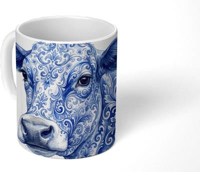 Mok - Koffiemok - Illustratie - Koe - Blauw - Mokken - 350 ML - Beker - Koffiemokken - Theemok