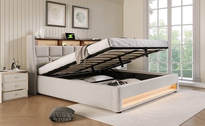 REDOM Opbergbed 140x200 cm – Bedframe met LED Verlichting & USB – Ruimtebesparend Bed met Boekenplank – Voor Moderne Slaapkamer – Hout en Metaal – Beige