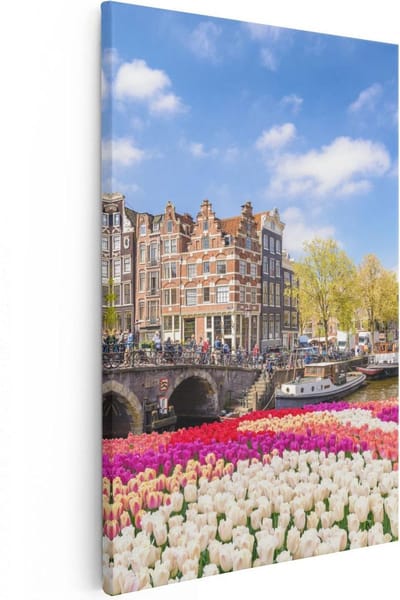 Artaza Canvas Schilderij Amsterdam - 80x120 cm - Groot - Wanddecoratie Grachten - Muurdecoratie Tulpen - Schilderijen Op Canvas Bloemen