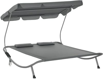 Velmio 2 Persoons Tuinligstoel met Luifel – 2 Persoons Buiten Ligbed - Incl Kussens - Verstelbare Zonnekap – 200 x 175 x 134 cm Grijs