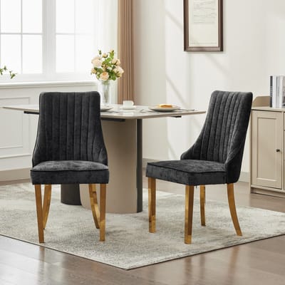 Clruro Rayon Stof Flocking Eetkamerstoelen - Set van 2 - Gouden Stalen Poten - Zwart