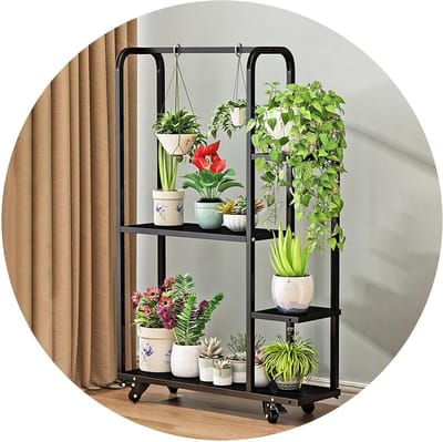 Plantenrek Metaal - Bloemenstandaard Wielen - Decoratie Binnen Buiten - Verstevigde Vakken - Tot 150 kg - Zwart