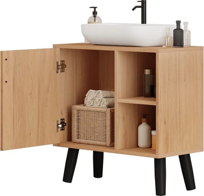 Wastafel Onderkast - Badkamer Kastje Onder Wastafel - Waterafstotend - RVS Scharnieren - Hout - Zwarte Pootjes - 1 Deur - Plankjes - 60.5 CM Hoog - 60 CM Breed