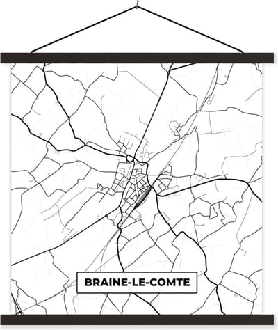 Posterhanger incl. Poster 60x60 cm - Schoolplaat - Stadskaart – Zwart Wit - Kaart – Braine le Comte – België – Plattegrond - Textielposter - Zwarte latten - Stadskaart