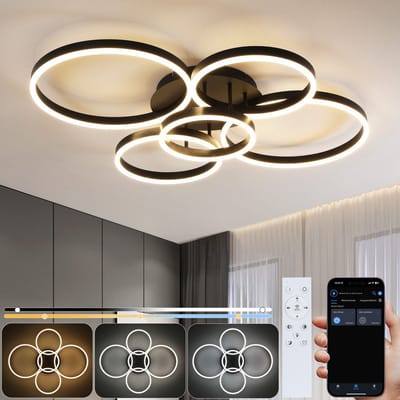 NETTLIFE Plafondlamp LED – Zwart – 5-Ringen Design – Dimbaar – 78W – Moderne Plafondverlichting met Afstandsbediening – voor Woonkamer Slaapkamer Eetkamer Kantoor