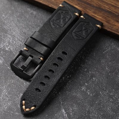 Handgemaakte Eerste Laag Koeienhuid Lederen Horlogeband 20 22 24MM Zwart Bruin Leren Band Vintage Stijl Heren Armband Dikkere Band 24mm black