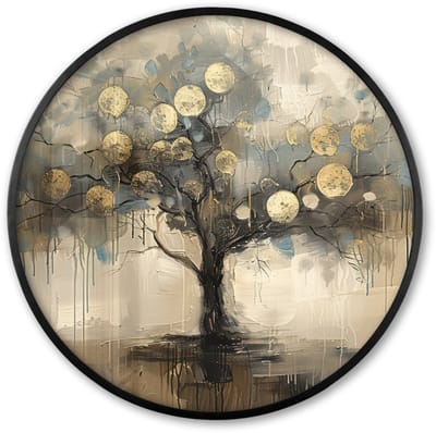 Poster in lijst Rond - Fotolijst 60x60 cm - Posters - Beige - Abstract - Boom - Goud - Ronde posterlijst zwart - Decoratie - Wanddecoratie woonkamer - Muurdecoratie slaapkamer