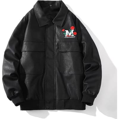 Automne Nouveau Style Revers Grande Poche Vêtements de Travail Veste en Cuir Homme Pu Grande Taille Jeune Haut Veste 4XL black