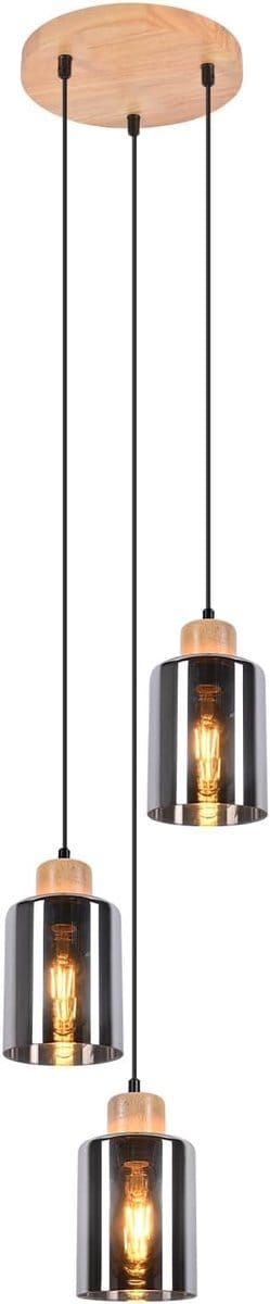 Glitzerlife - Hanglampen - Retro Industriële Stijl - 3xE27 - Glas en Hout - Rookgrijs Zwarte Kap - Ø22cm - Hanglampen Eetkamer Industrieel Verstelbaar - Geschikt voor Keuken Woonkamer