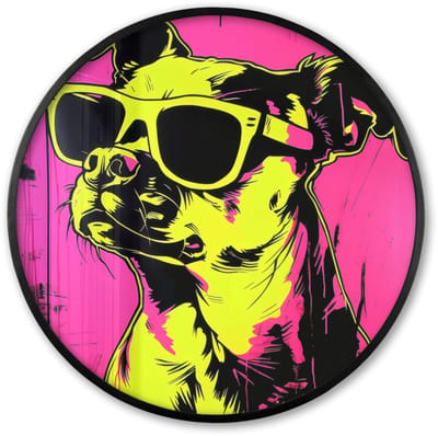 Poster in lijst Rond - Fotolijst 60x60 cm - Posters - Hond - Zonnebril - Roze - Art - Ronde posterlijst zwart - Decoratie - Wanddecoratie woonkamer - Muurdecoratie slaapkamer