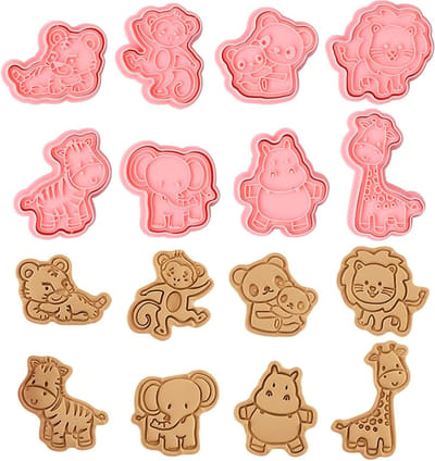 Set van 8 Dieren Koekjesuitsteekvormen voor Kinderen, Plastic Bakaccessoires, Creatief Bakken met 3D Dierenstempels