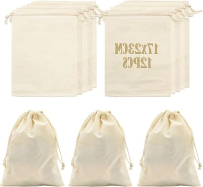 12 Stuks Katoenen Zakjes 17x23cm, Herbruikbare Muslin Tassen met Trekkoord voor Cadeaus, DIY Ambachten en Sieradenopslag