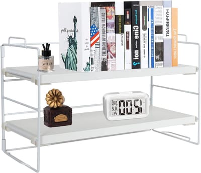 Multifunctionele Bureau Organizer met 2 Niveaus, Wit Metaal en Teakhout, Ideaal voor Kantoor, Boeken en Documenten Opslag