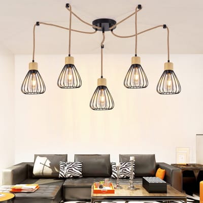 NETTLIFE Hanglamp - Metaal - Zwart - 5-Lichts - E27 Fitting - Vintage Eettafel Hanglamp - Hennep Touw van Hout - Industrieel Hanglamp - voor Eetkamer | Keuken | Woonkamer-excl. lichtbron