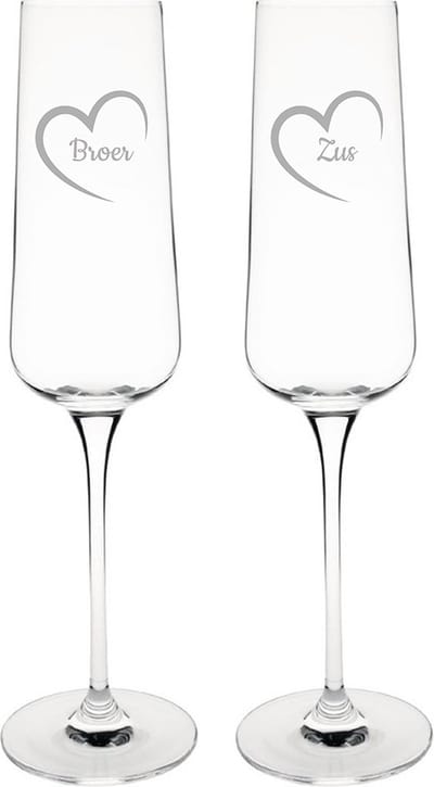 Gegraveerde Champagneglas 27cl Broer met hartje & Zus met hartje