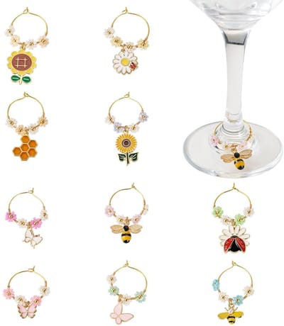 Dailygoods- Wijnglas Charms Set van 10 - Messing Bedels - Lente Ontwerpen - 42-58 mm - Veilig en Comfortabel - Geschikt voor Wijnglazen - Wijnbedels