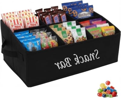 Opbergdoos voor snoep en snacks met 6 vakken, versterkte handgrepen voor keuken en kantoor, 40 x 26 x 17 cm, ideaal voor organisatie en opslag