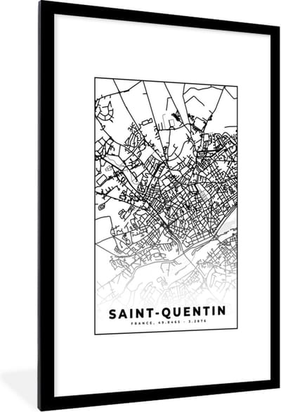 Fotolijst incl. Poster Zwart Wit- Stadskaart - Saint-Quentin - Plattegrond - Kaart - Frankrijk - Zwart wit - 80x120 cm - Posterlijst