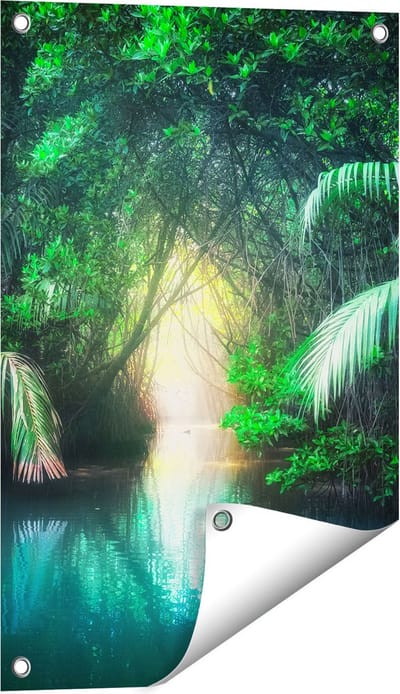 Gards Tuinposter Tropische Jungle met een Turquoise Meer - 40x60 cm - Tuindoek - Tuindecoratie - Wanddecoratie buiten - Tuinschilderij