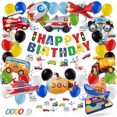 Fissaly 71 Stuks Voertuigen Feest Versiering – Kinderfeestje Decoratie – Boot, Vliegtuig, Raket, Bus & Tractor – Ballonnen - Verjaardag Feestje