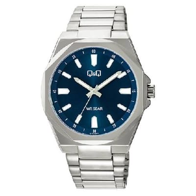 Q&Q-heren horloge-model q11c-003py-donkerblauwe wijzerplaat-zilverkleurig-5 bar waterdicht-diameter 42 mm