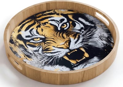 Dienblad rond 40x40 cm - Schootdienblad hout - Tijger - Verfspatten - Goud - Borrelplank rechthoek - Plateau houten dienbladen