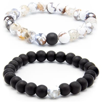 Victorious Set Natuurstenen Kralen Armbanden – Heren Armband – Dames Armband – Zwart/Wit – 18cm