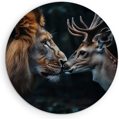 Saammp Muurcirkel Hout - Hert met Leeuw - Natuur - Dieren - Ø 90 - Wandcirkel - Wanddecoratie Cirkel - Muurdecoratie Woonkamer - Slaapkamer decoratie - Rond Schilderij