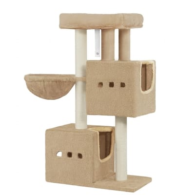 Kattenboom – Voor Katten – 98 cm Stevige Kattenboom met Groot Ligvlak, Kattenhol, Sisal Krabpalen, Mand en Speelballetjes – Camel Bruin