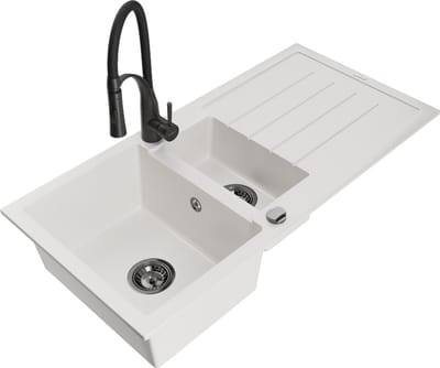 Mexen Andres granieten spoelbak 1,5-koer met afdruiprek en keukenmengkraan Aster, wit - 6515-20-73450-70-B