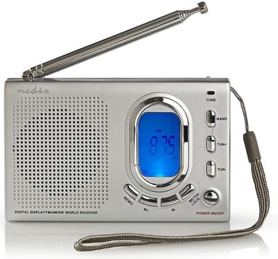 Nedis Wereldradio - Draagbaar Model - AM / FM / SW - Batterij Gevoed / Netvoeding - Digitaal - 1.5 W - Koptelefoonoutput - Wekkerfunctie - Slaaptimer - Grijs
