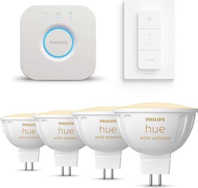Philips Hue Starterspakket - GU5.3 - met 4 Spotjes (MR16) - 12V - Warm tot Koelwit Licht - Incl. 1 Hue Bridge, 1 Hue Dimmer Switch - Hue White Ambiance
