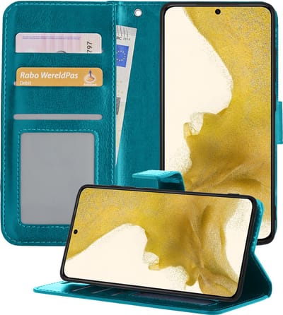 Hoesje - Met Pasjeshouder - Geschikt voor Samsung Galaxy S22 - Luxe Bookcase Portemonee - Flip Case - Kunstleer Book Case - Flipcase - Book Cover - Walletcase - Portemonneehoes - Telefoonhoesjes - Turquoise