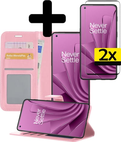 Hoesje - Met 2x Screenprotector - Geschikt voor OnePlus 10 Pro - Luxe Pasjeshouder - Bookcase Portemonee - Flip Case - Kunstleer Book Case - Flipcase Hoes - Book Cover - Walletcase - Portemonneehoes - Telefoonhoesjes - Lichtroze