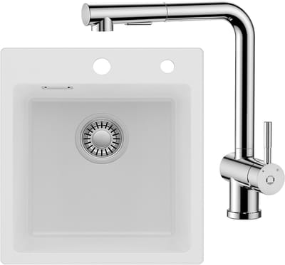 Auralum max Spoelbak voor keuken 40x45CM - Graniet Spoelbakken Met Keukenkraan met 2 straalsoorten - Enkele spoelbak Wit - Met waterafvoersysteem - Voor 40 cm kast