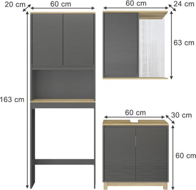 Vicco Badkamermeubelset Livia, Antraciet/Eiken, 3-delig
