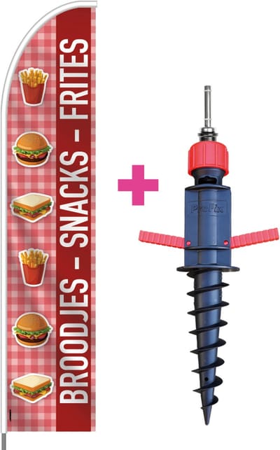 Beachflag - Frites, Snacks, Broodjes - Vlag + Grondboor + Rotator + Hengelsysteem + Draagtas - Actievlag.nl