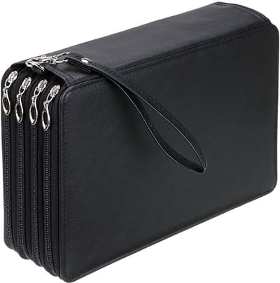 PU Leer 200 invoegen Super Grote Capaciteit Meerlaagse Studenten Gekleurde Potlood Etui Opbergtas Pouch Houder Briefpapier Organizer (geen Potloden), Zwart, Modern design