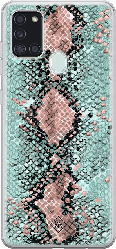 Casimoda® hoesje - Geschikt voor Samsung A21s - Slangenprint pastel mint - Backcover - Siliconen/TPU - Zwart