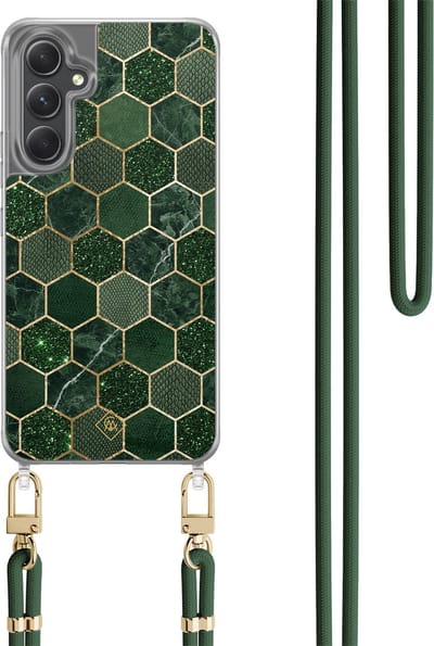 Casimoda® hoesje met koord - Geschikt voor Samsung A34 - Kubus Groen - Afneembaar koord - TPU/polycarbonaat - Groen